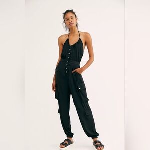 Free People Oliviera Halter Jumpsuit Black Slouchy Cargo Size L
